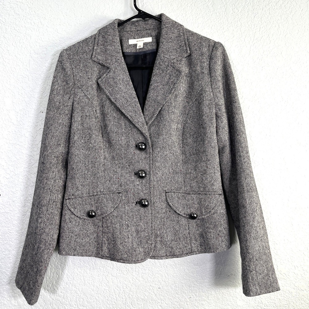 Merona Blazer Women M Gray Tweed Wool Blend 3-Button‎ Tailored Classic Academia